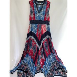 Bila‎ Sleeveless Tank Maxi Boho Dress red white blue hankerchief hem, sz L